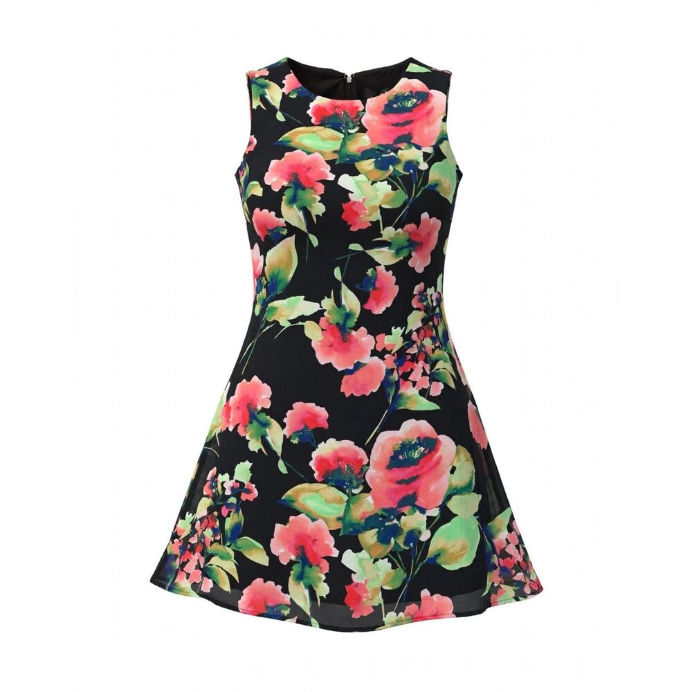 Women's Sleeveless Floral Round Neck Black Pink Green Knee Length A-Line Dress S